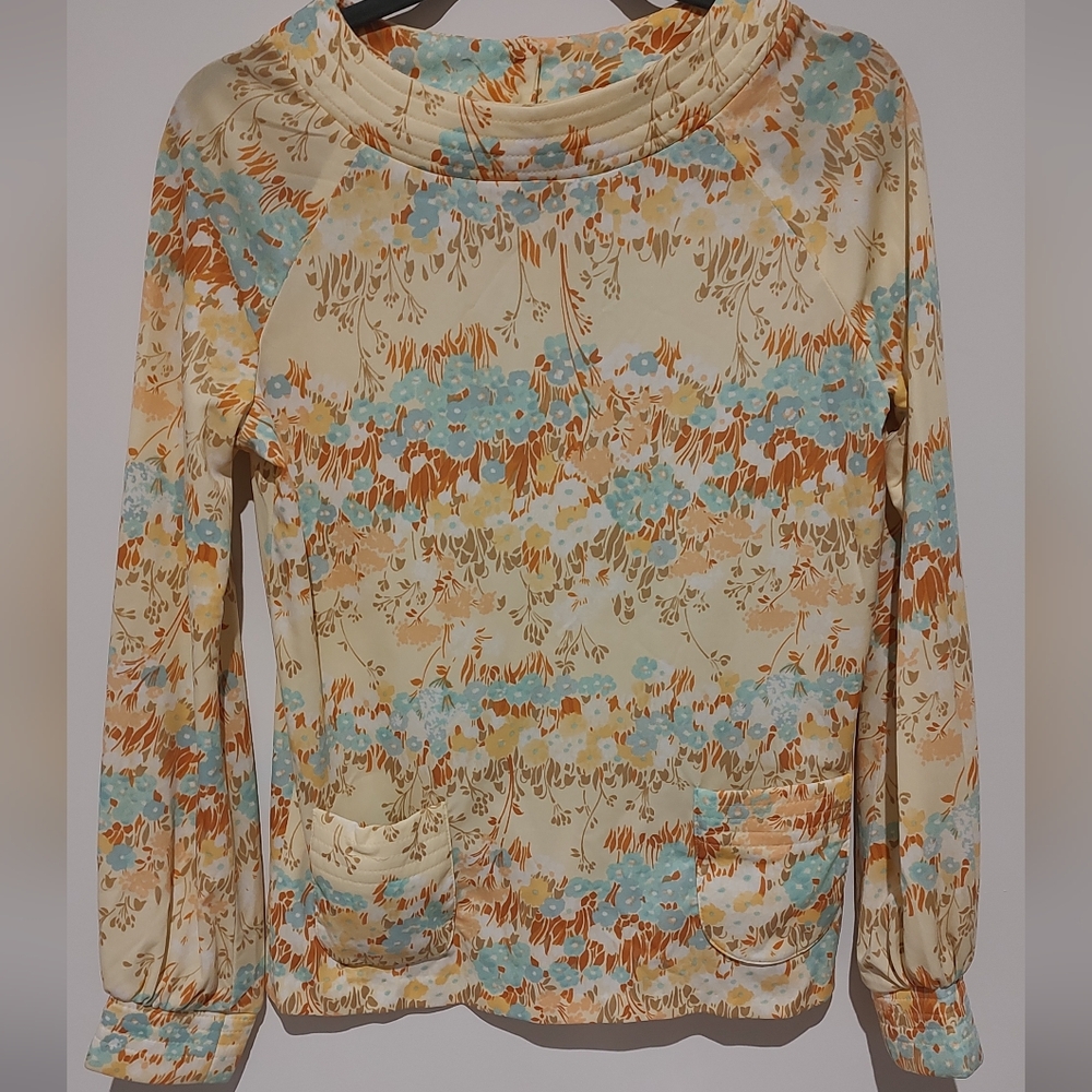 Vintage Floral Yellow Multi Color Top With Tie/ Belt Feminine Work Play Travel